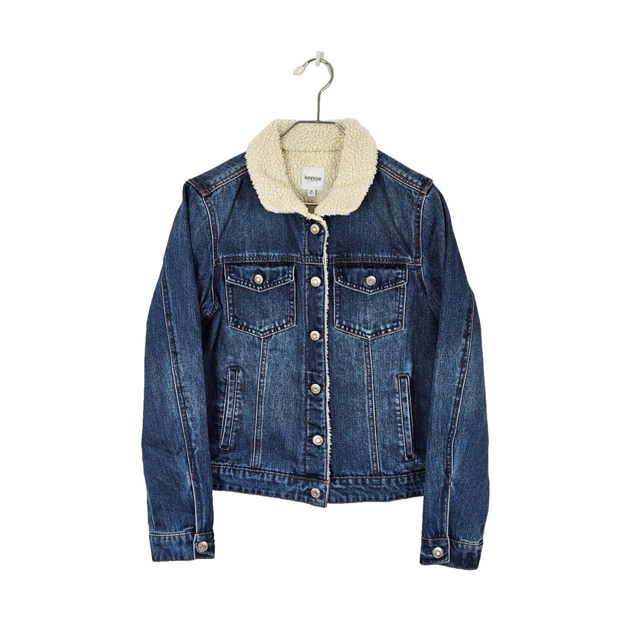 Kensie Jeans Women's Medium Blue Denim Faux Sherpa Collar Buttons Pockets Jacket