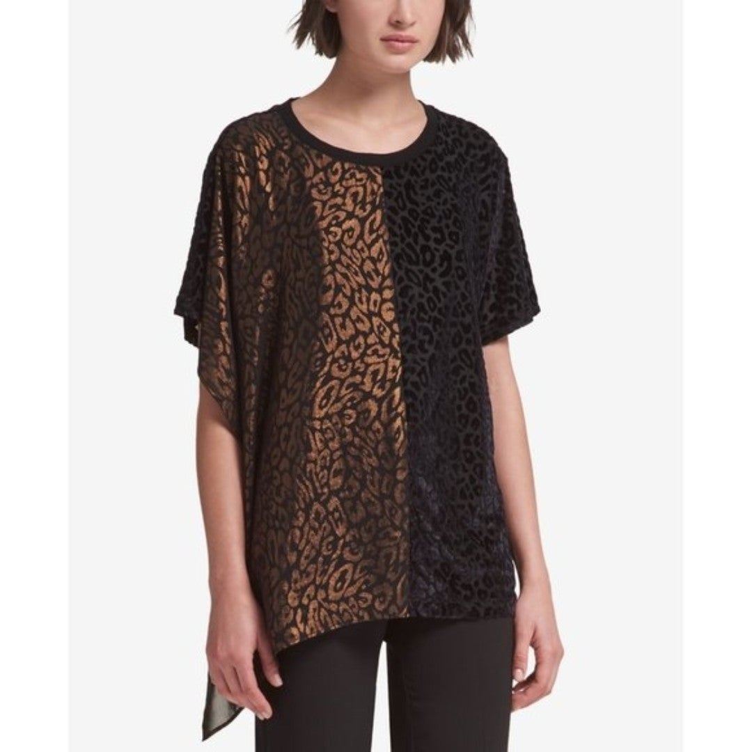 NWT Womens Size XS DKNY Black Gold Mixed Jacquard Animal Print Two-Tone Top