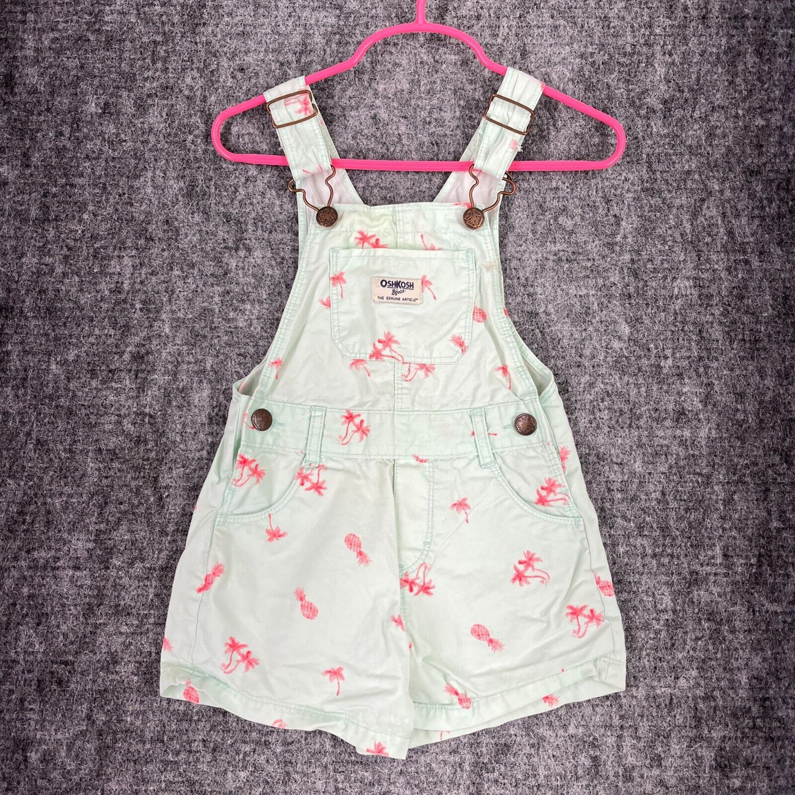 Osh Kosh Bgosh Overalls Toddler Girl 3T Green Palm Trees Pineapples Hawaiian