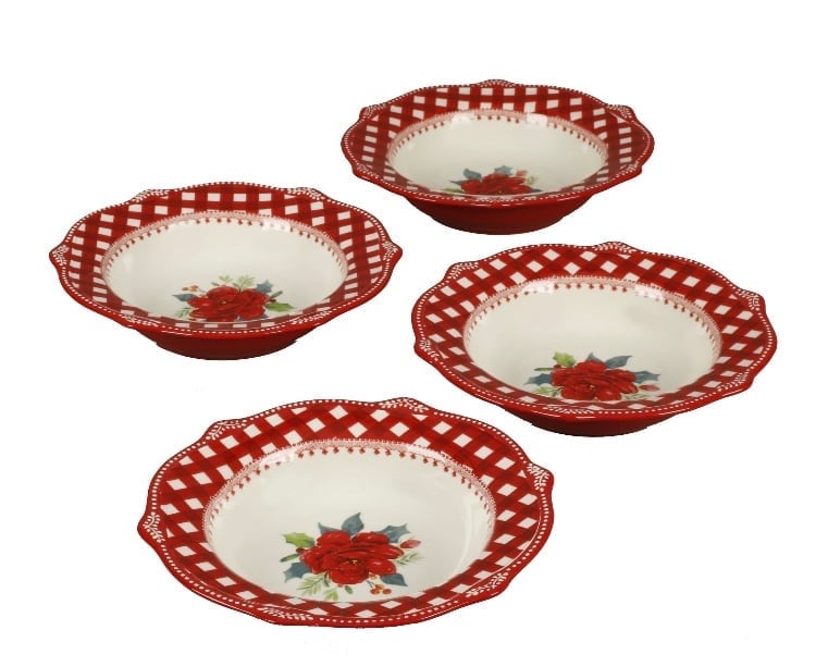 Pioneer woman cheerful rose gingham 9” low rim bowl 4 pc set red new