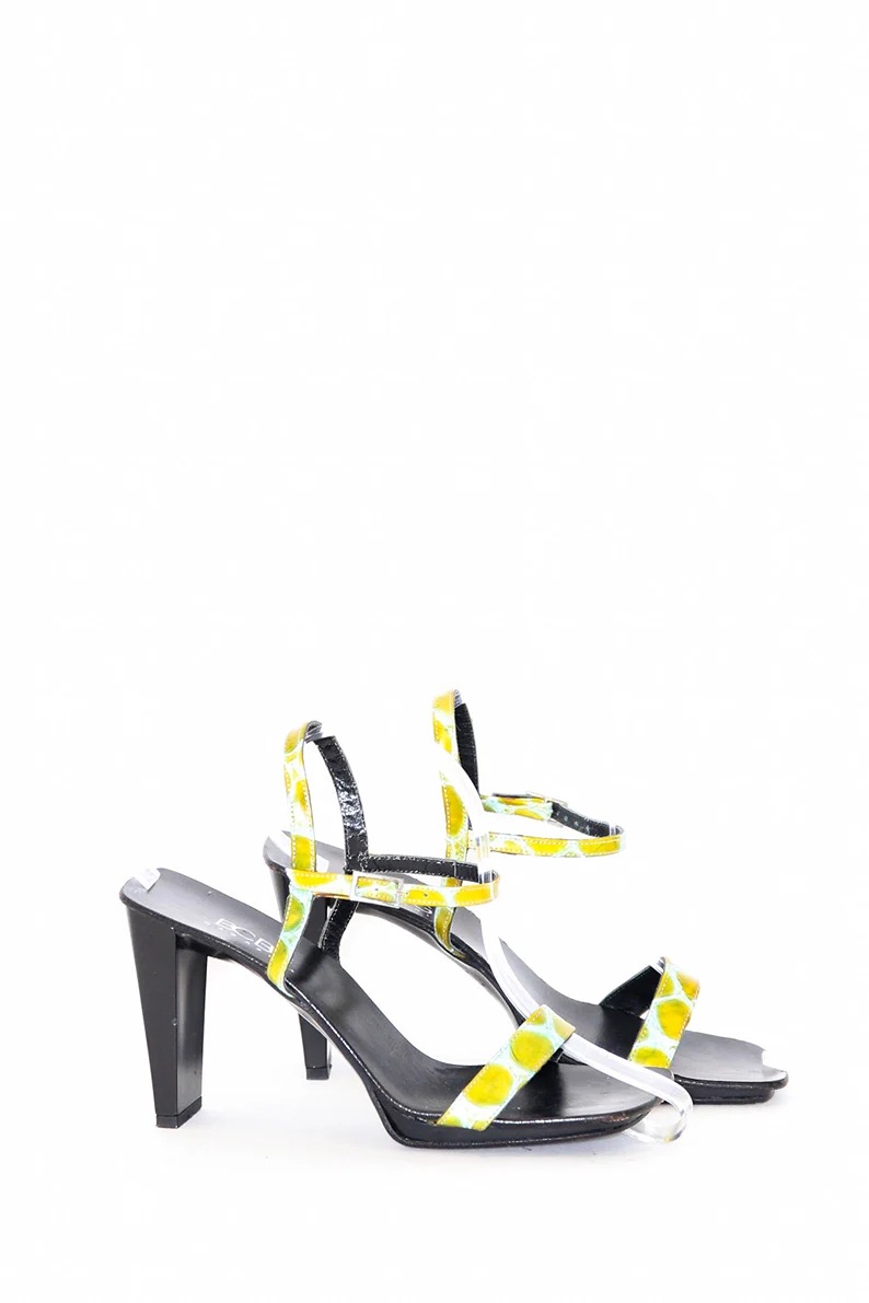 VINTAGE 90s 2000s BCBG Y2K High Heel Leather Neon Green Yellow ARTSY Abstract