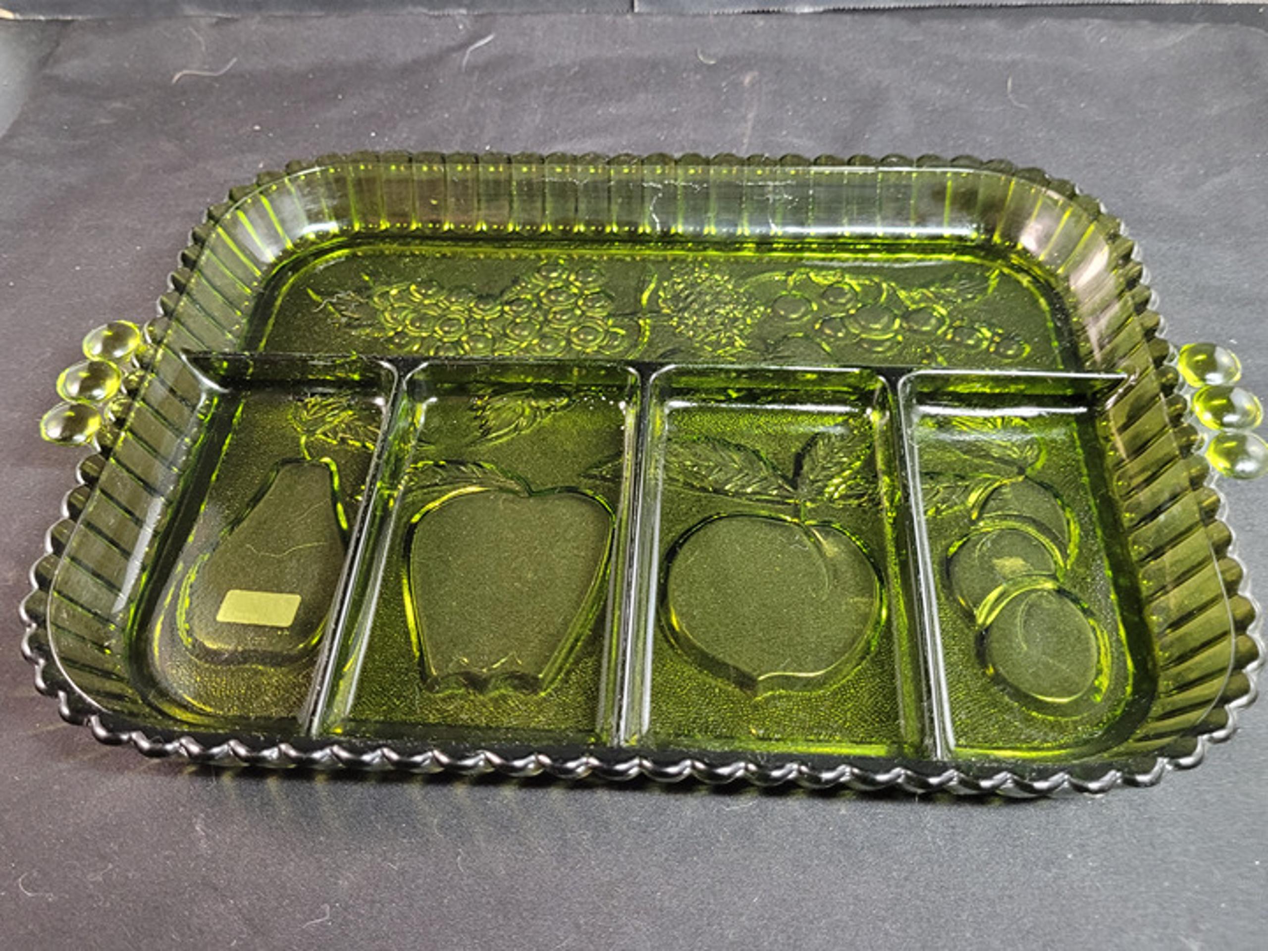 Vintage Indiana Glass Avocado Green Divided Serving Tray Fruit Platter Plate
