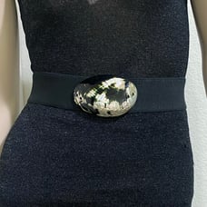 Vintage Large Seashell Shell Buckle Black Elastic Belt One Size Waist 25”-36”