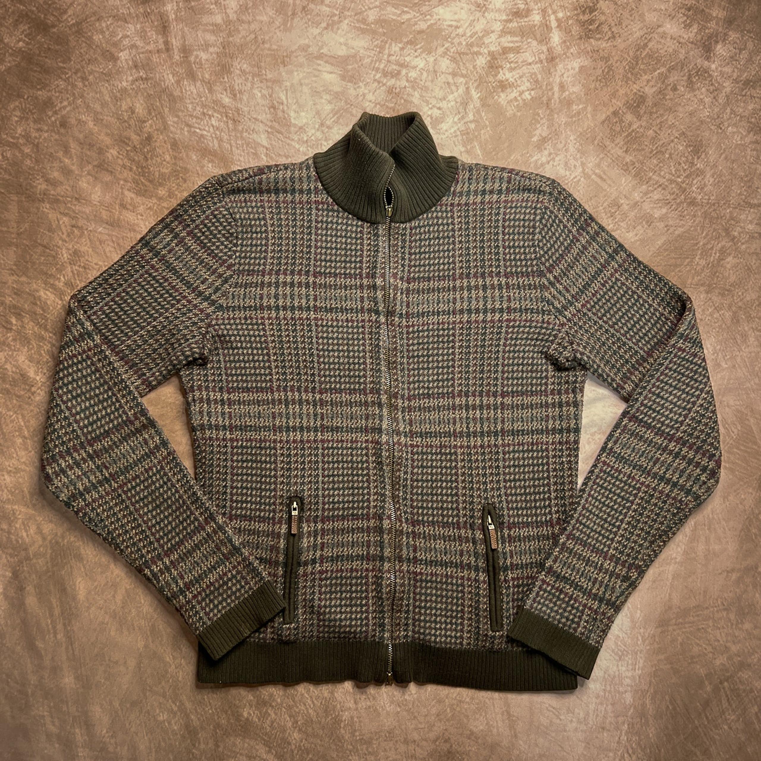 Lauren Ralph Lauren Houndstooth Mock Neck Zip Up Sweater Green Brown Women's M