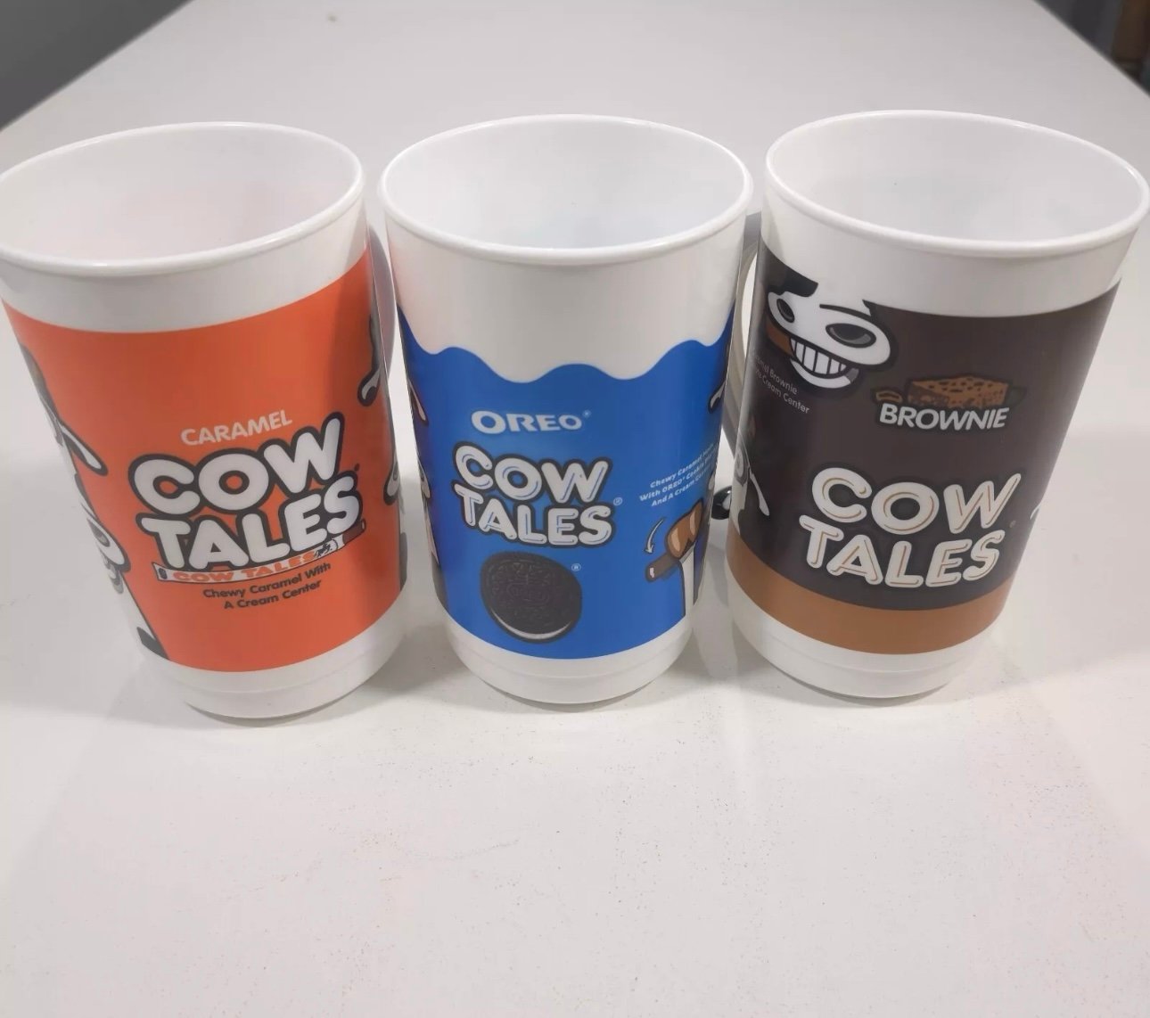 3 Cow Tales Chewy Candy Oreo Caramel Brownie Industries Large Plastic Mug Cups