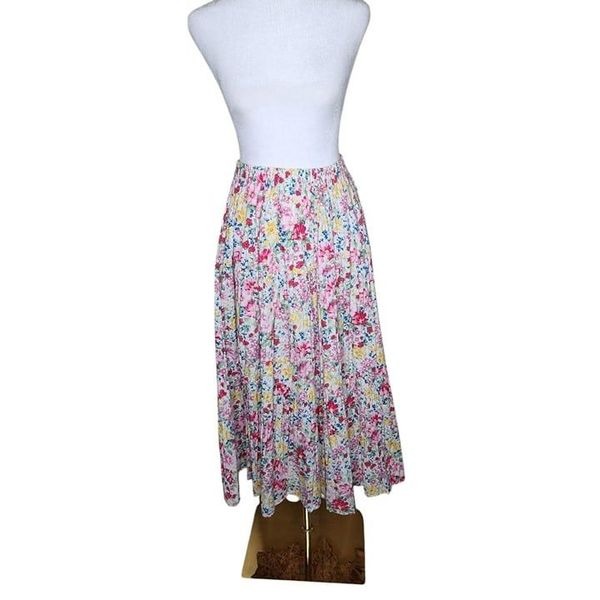 Vintage 90s Pleated Floral Prairie Maxi Skirt Womens Size S Pink White