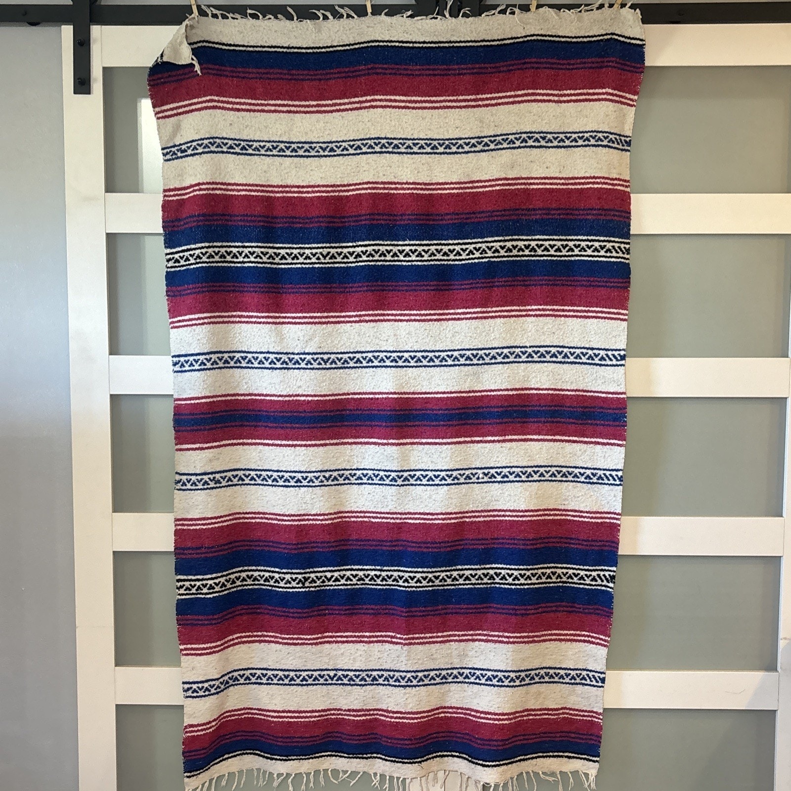Vintage Mexican Serape Blanket Fringe Striped Colorful Hand Woven 72”x48” Aztec