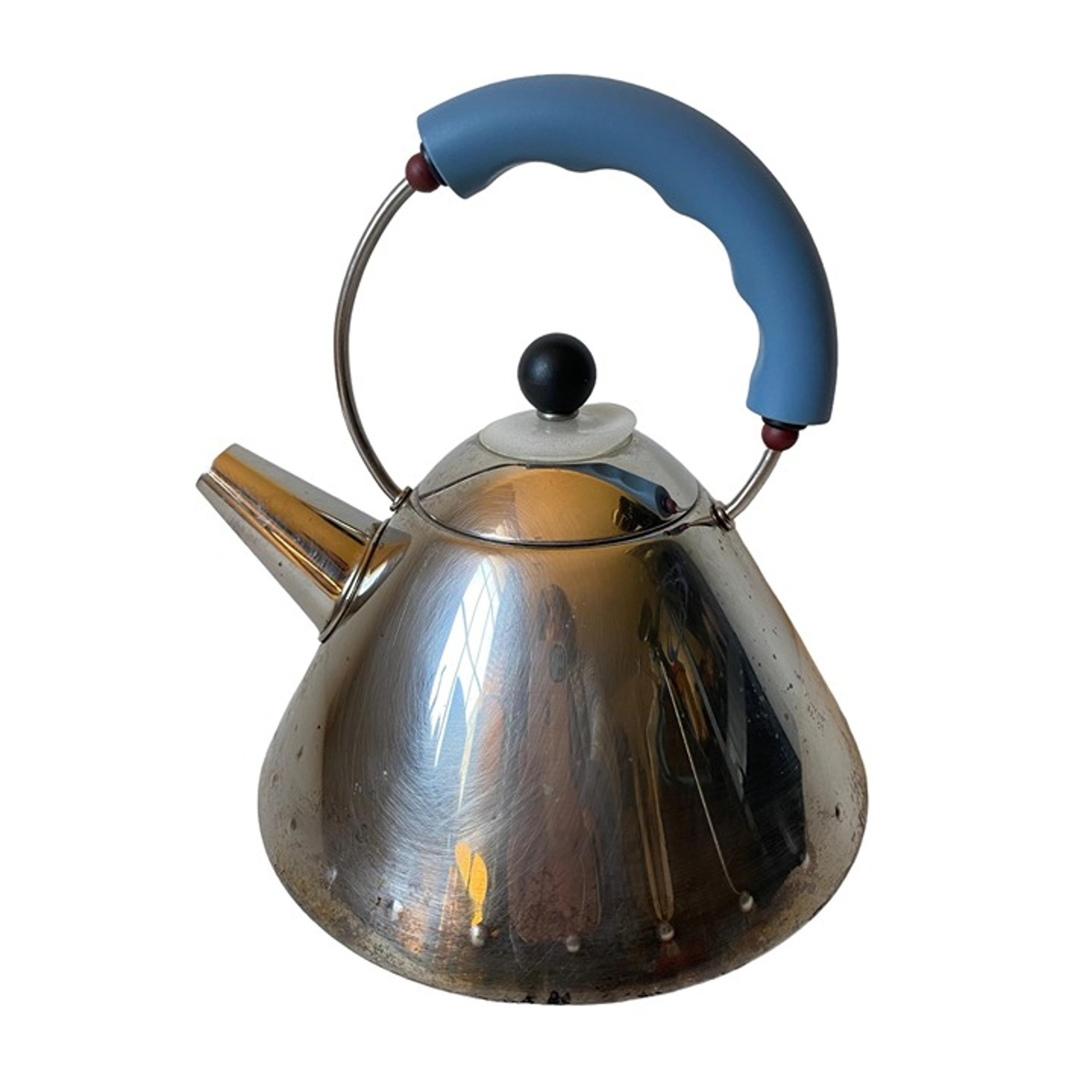 Alessi vintage blue handle chrome teapot kettle MCM retro Made in Italy