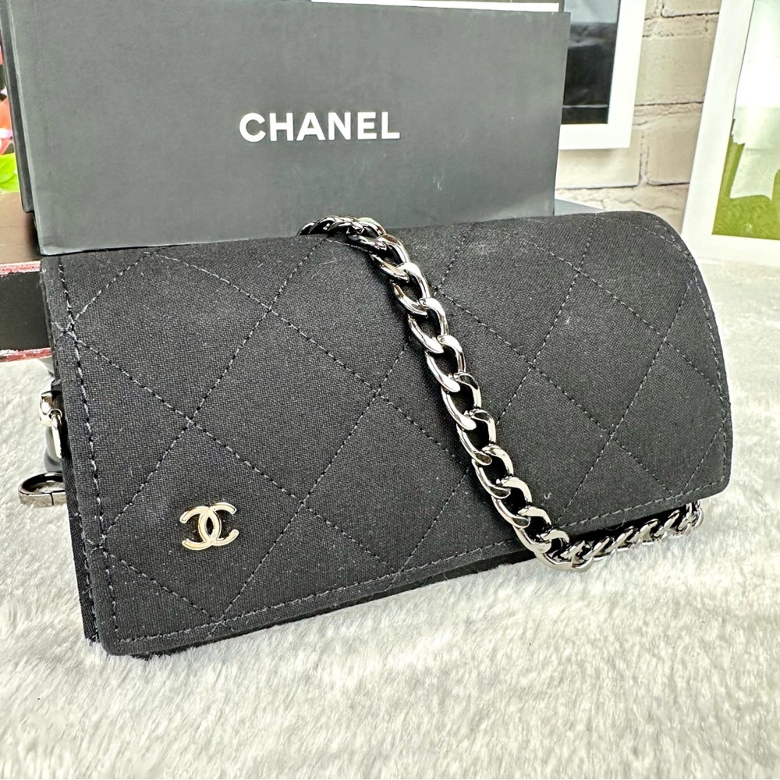 Chanel black canvas cloth sunglass case to crossbody bag with chain