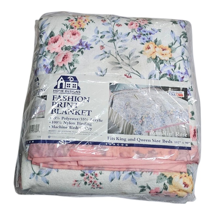 Vtg Beacon Home Designs Fashion Blanket Ramblin Rose King/Queen Satin Trim -READ