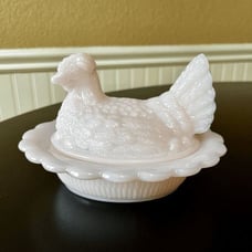 Mosser Glass Crown Tuscan Pink Covered Hen On Neat Wide Rim Base.