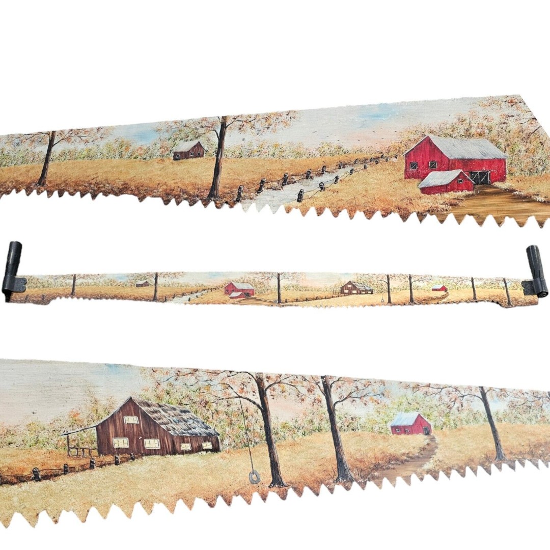 Antique Vintage Painted 62 Two Man Cross Cut Saw Farm Fall Autumn SIGNED