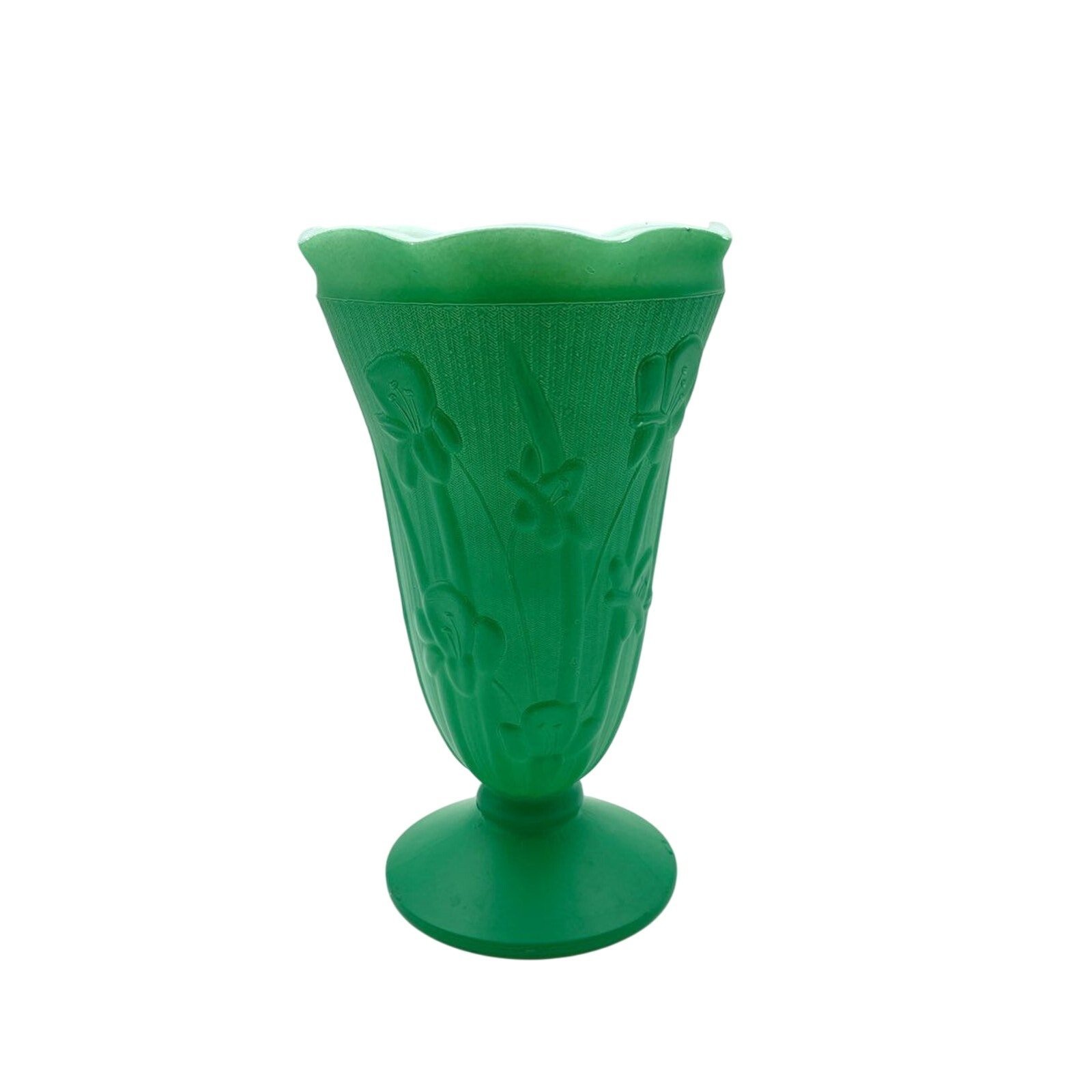 Iris Flowers-Flared Top Green Glass Vintage Emerald Ribbed 9 Vase