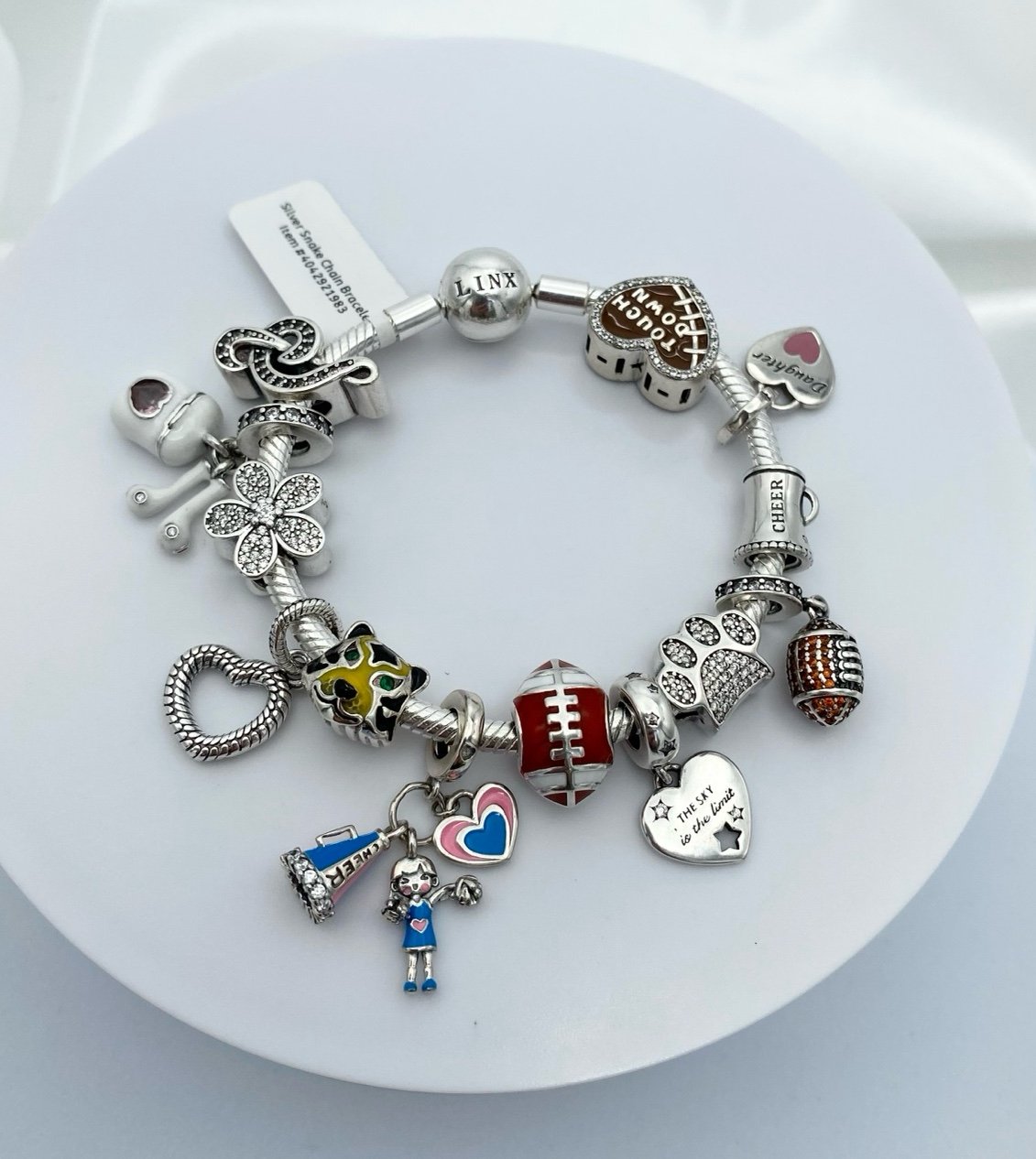 Linx Snake Chain Bracelet with Tigers Football Cheerleader Themed Charms