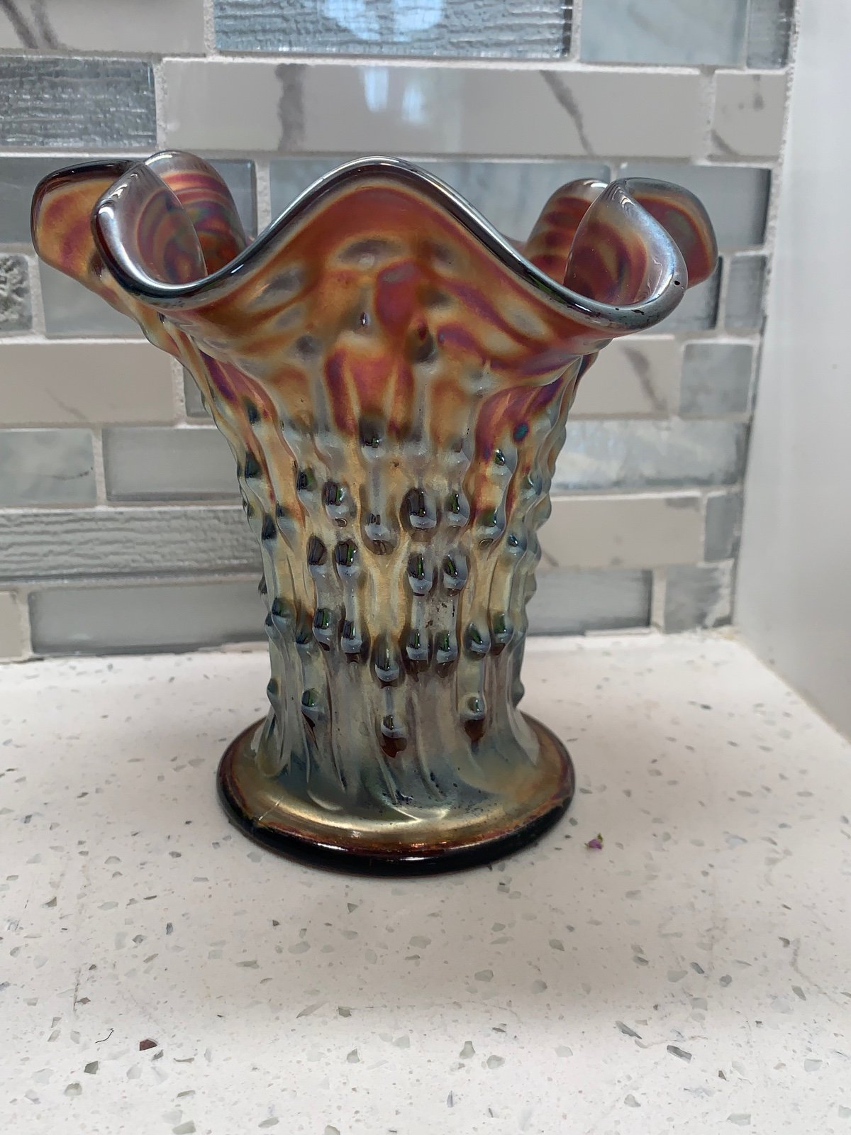Vintage Fenton April Showers Amethyst Carnival Iridescent Glass Vase Ruffled Rim