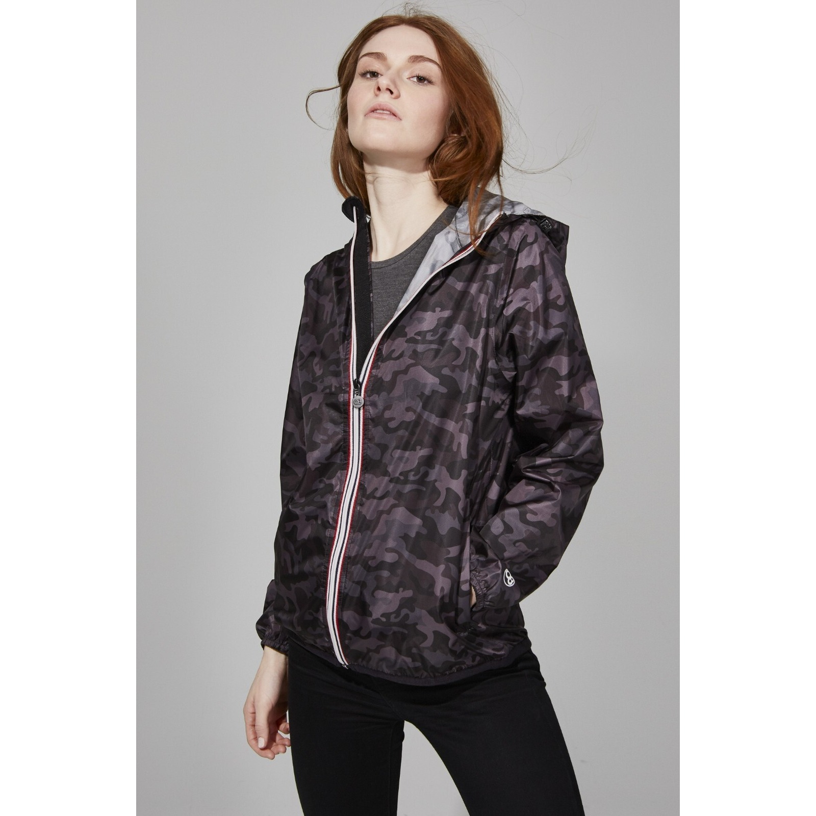 08 Lifestyle Sloane Black Camo Full Zip Packable Rain Jacket Windbreaker Sz XS