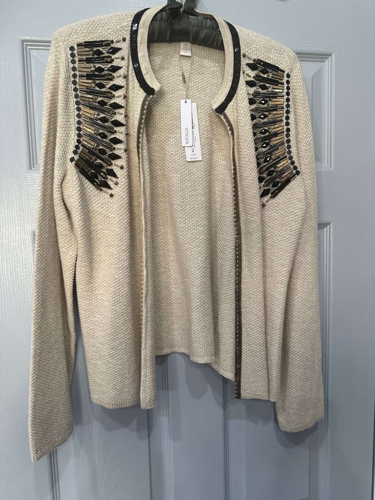 New Chico’s Sequined Beaded Seed Stitch Long Sleeve Cardigan Sweater