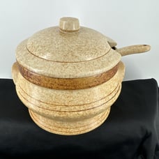 Soup Tureen 3 QT Pottery Craft Stoneware Sand Brown Tan Serving Bowl USA Vintage