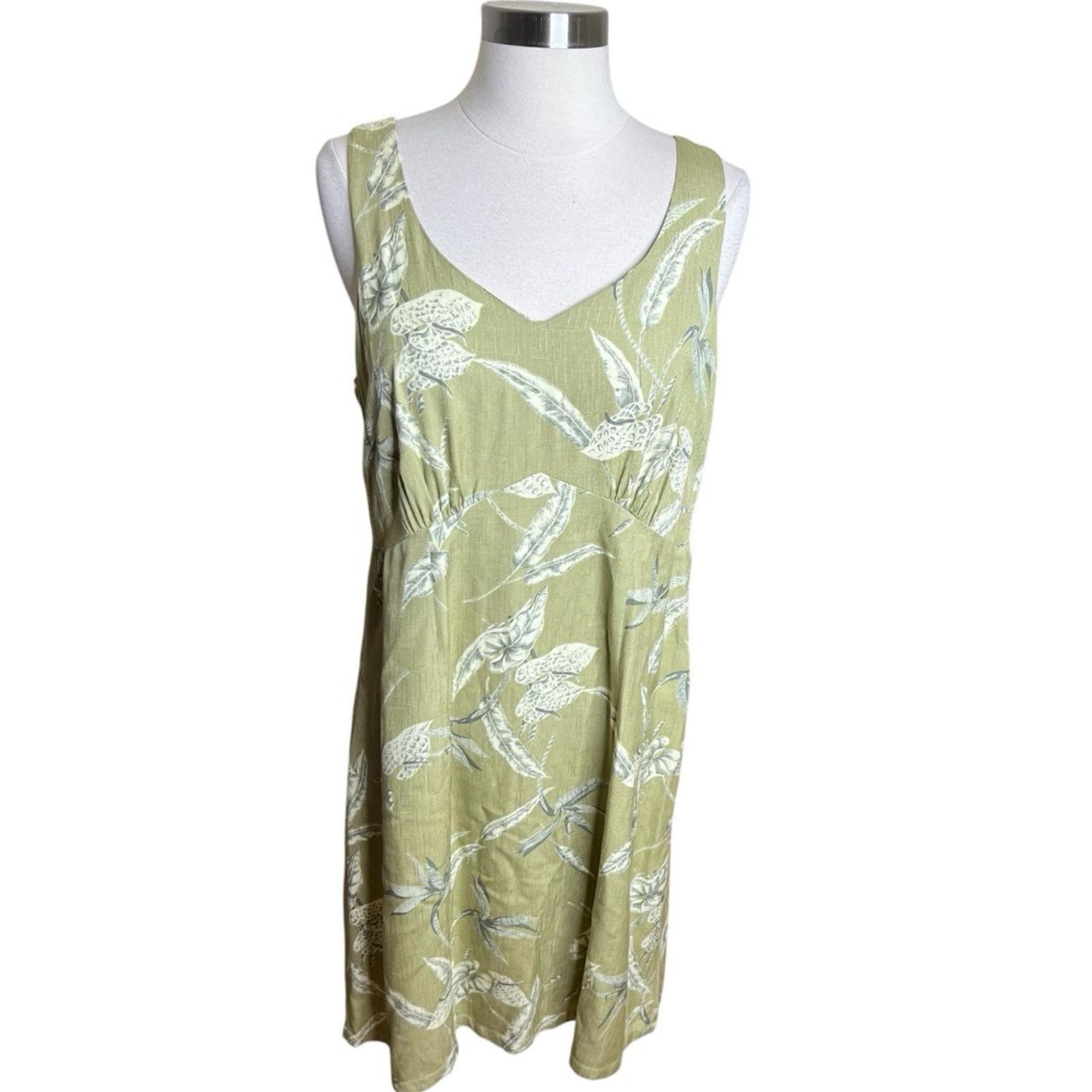 Aloha Hut Hawaii Dress Womens Large Green Leaf Print V Neck Sleeveless Vacation