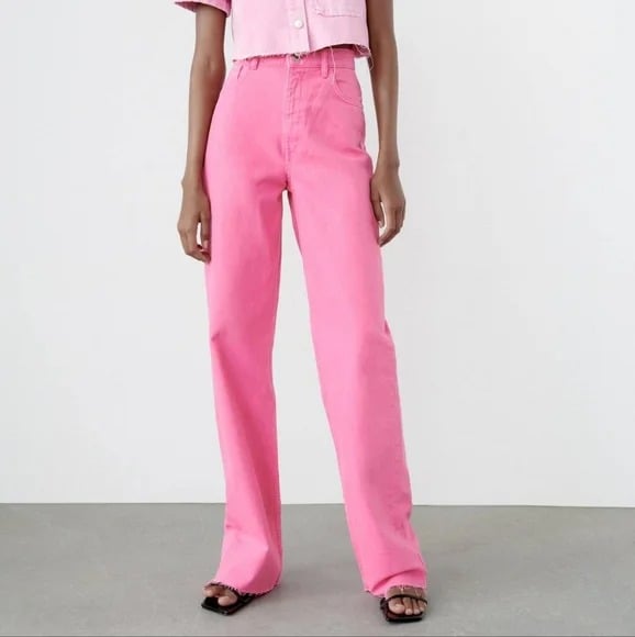 Zara High Waisted Wide Leg Denim Jeans Frayed Hem Bright Pink Size 4