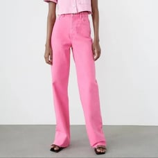 Zara High Waisted Wide Leg Denim Jeans Frayed Hem Bright Pink Size 4