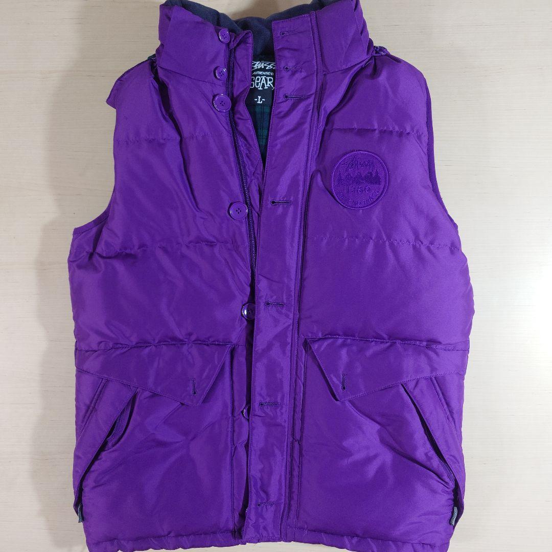 Early 00s hooded down vest with checked liner and patches in purple.