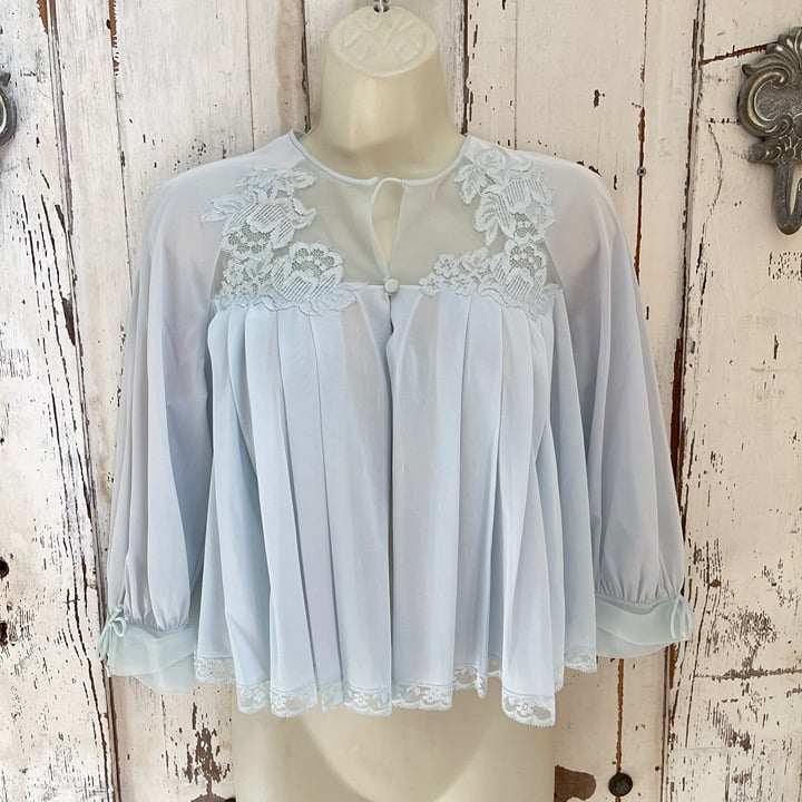 Vintage Harvey Woods Woman's Blue Lace Nightgown Lingerie Over Cover Jacket Robe