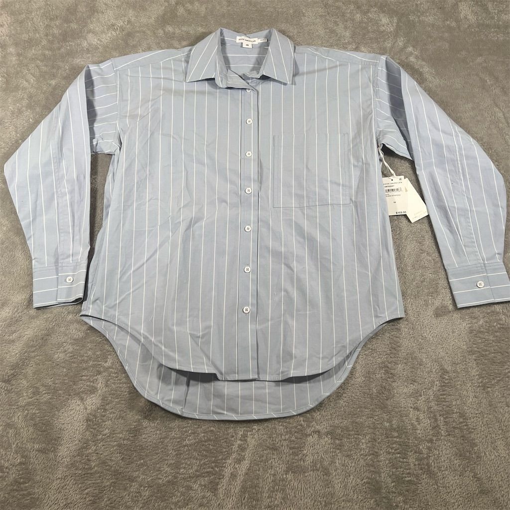 Good American Women's Button-Up Long Sleeve Shirt XS Blue Striped NEW