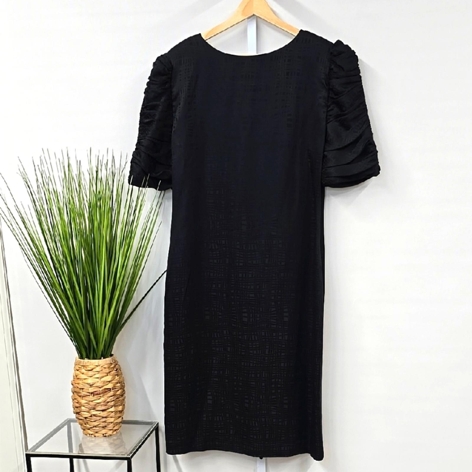 Vintage Silk Black Sheath Midi Dress with Ruffle Puff Sleeves 12