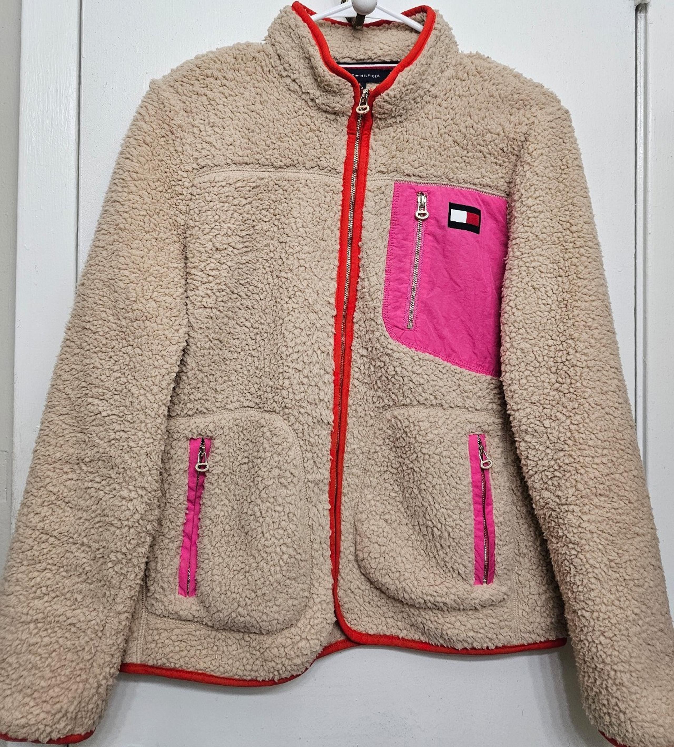 Tommy Hilfiger Women's Small Sherpa Full-Zip Fleece Jacket Off-White Pink