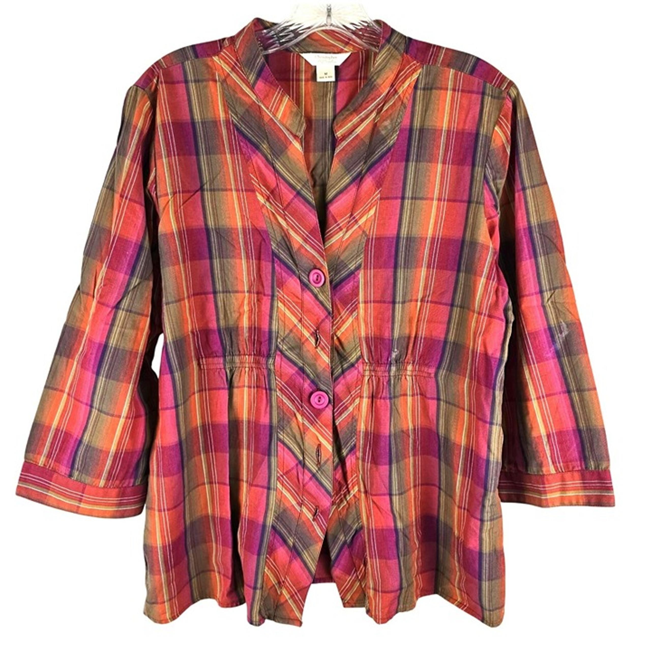 Christopher & Banks Plaid Button-Up Shirt With 3/4 Sleeves Size M JH1848