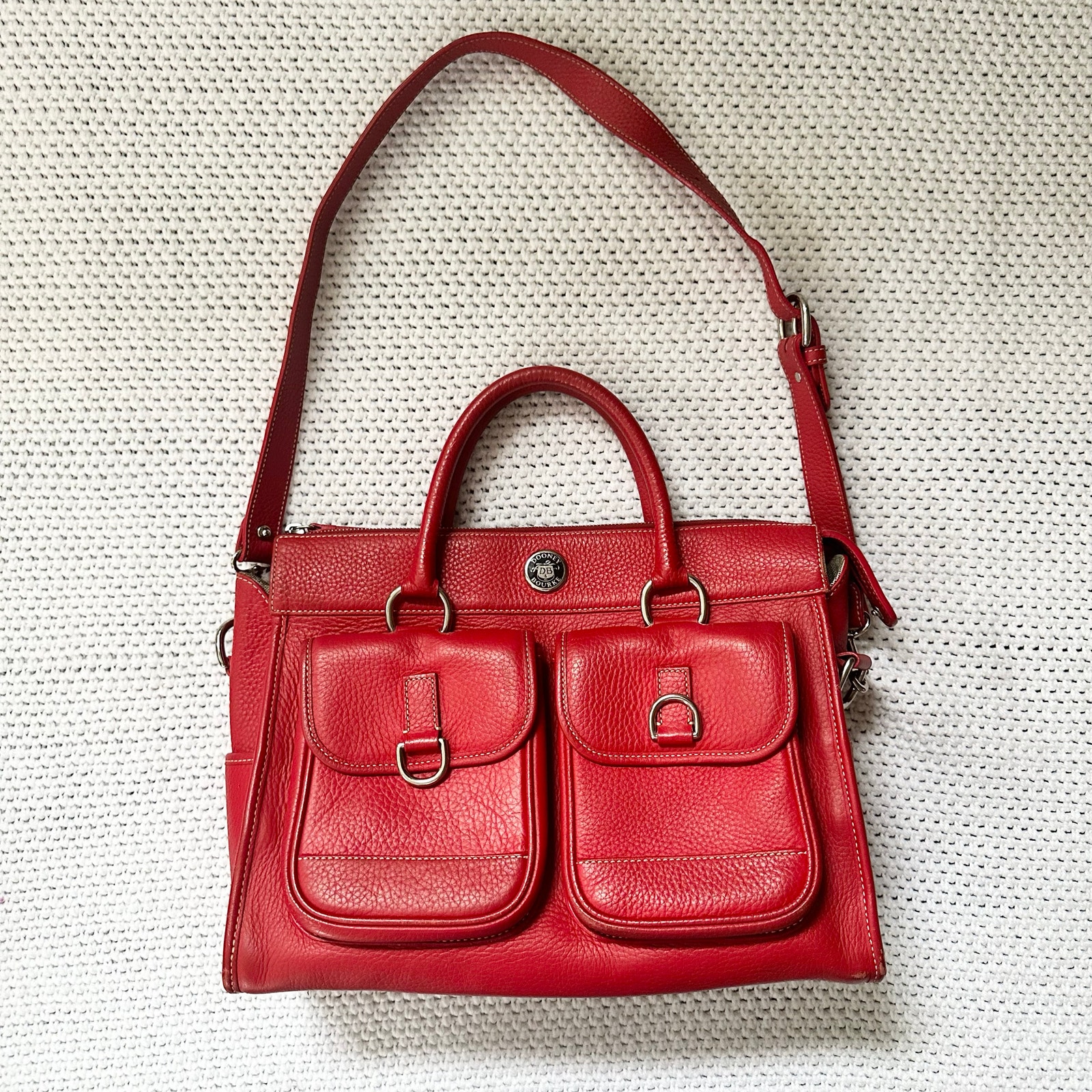 Dooney & Bourke Red Leather Double Pocket Tote Removable Longer Shoulder Strap
