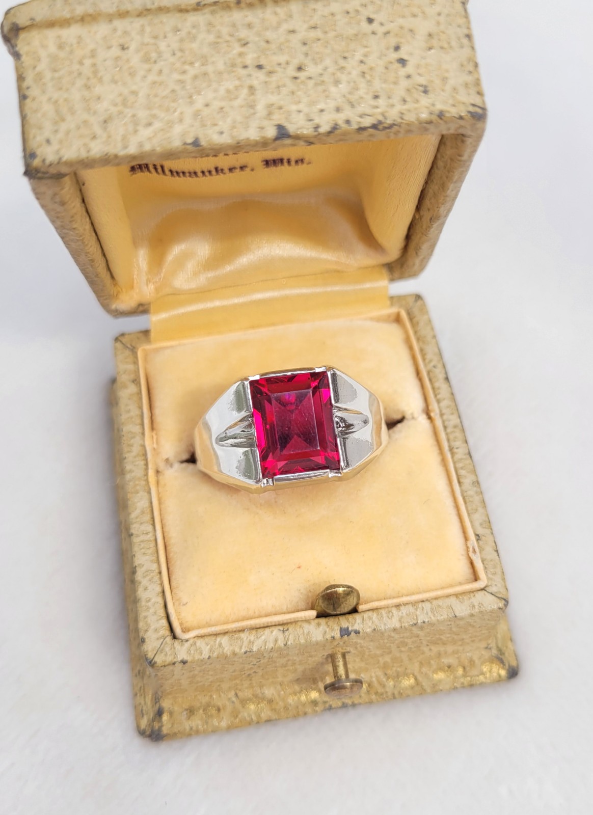 Vtg Art Deco Faux Ruby Sterling Silver Men's Signet Band Ring Park Lane Sz 10