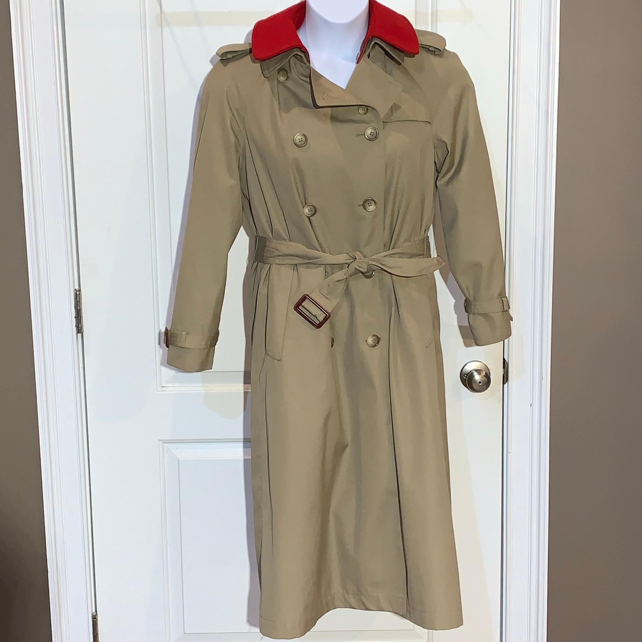 Vtg Lord & Taylor Trench Coat Women’s 10 Detachable Red Collar Zip Out Lining