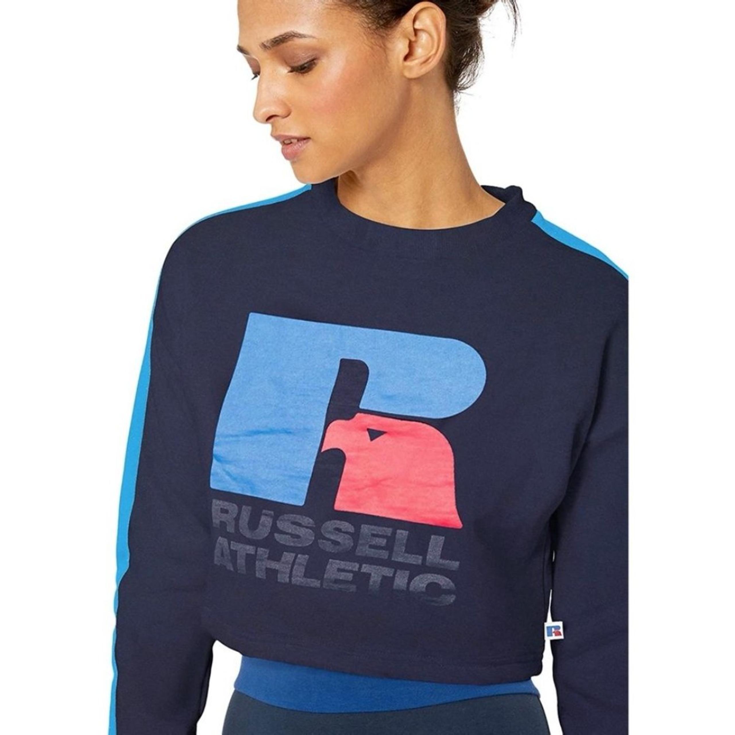 Russell Athletic Navy Blue Heritage Crop Fleece Logo Sweatshirt Womens Size S