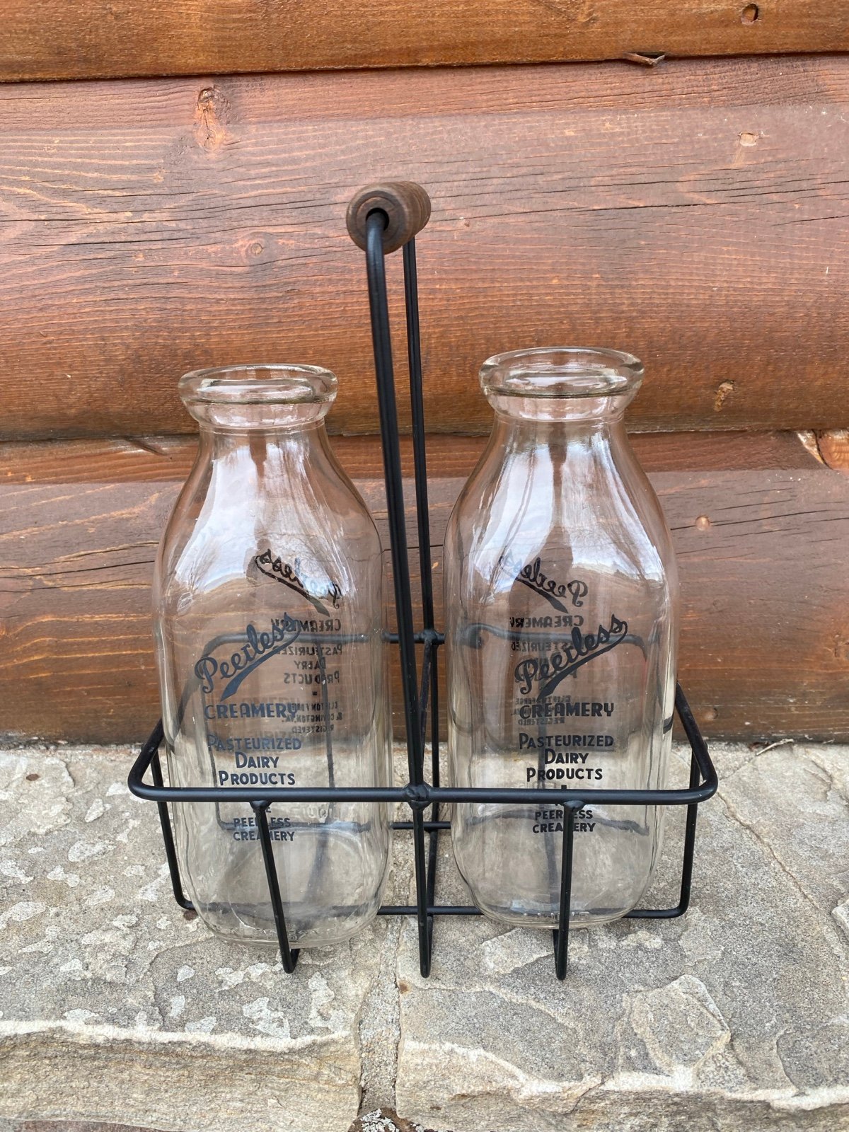 Vintage Peerless Dairy Bottles and Wire Carrier