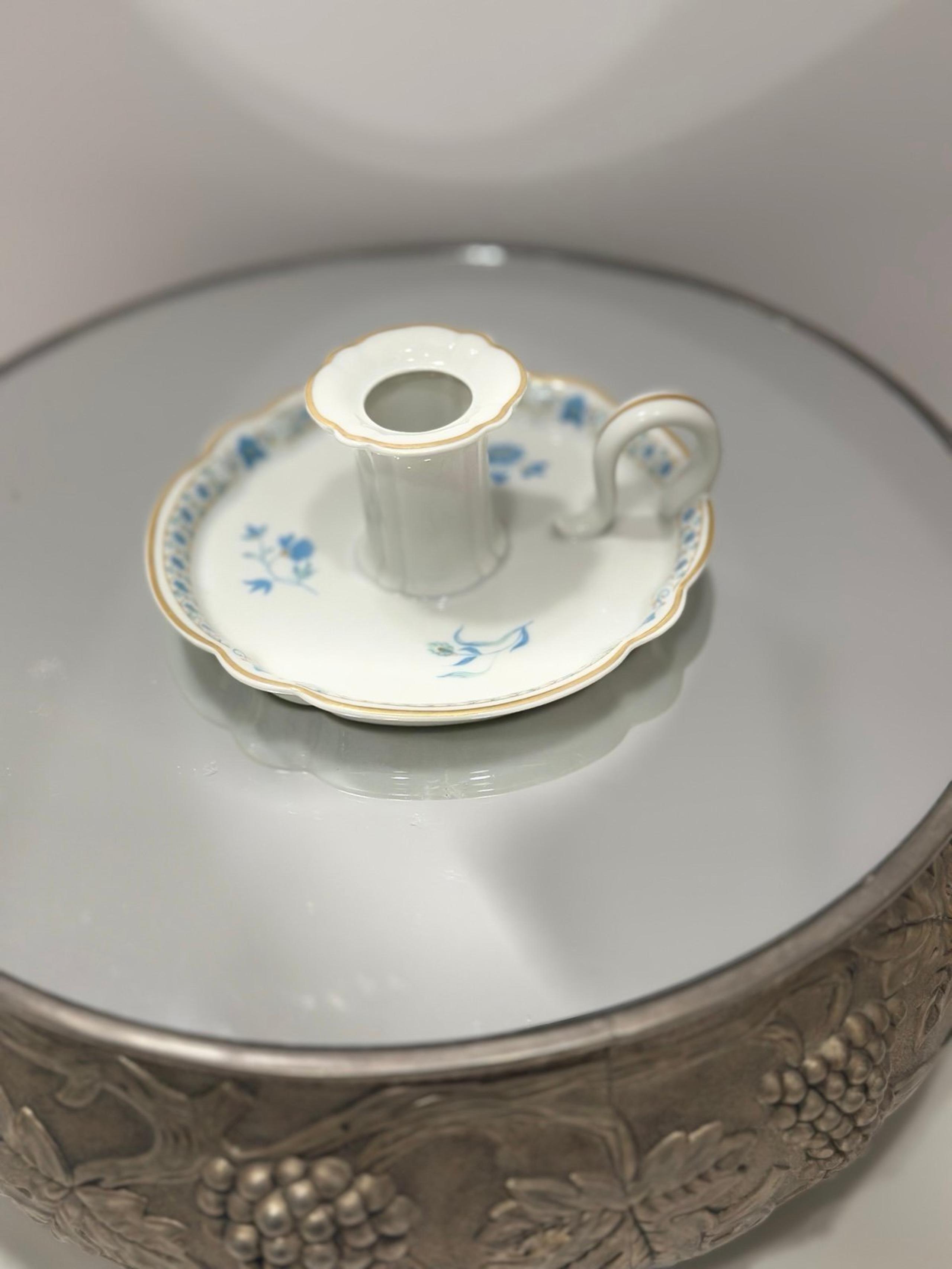 Haviland Limoges France Handled Candlestick Porcelain Single Light blue flowers