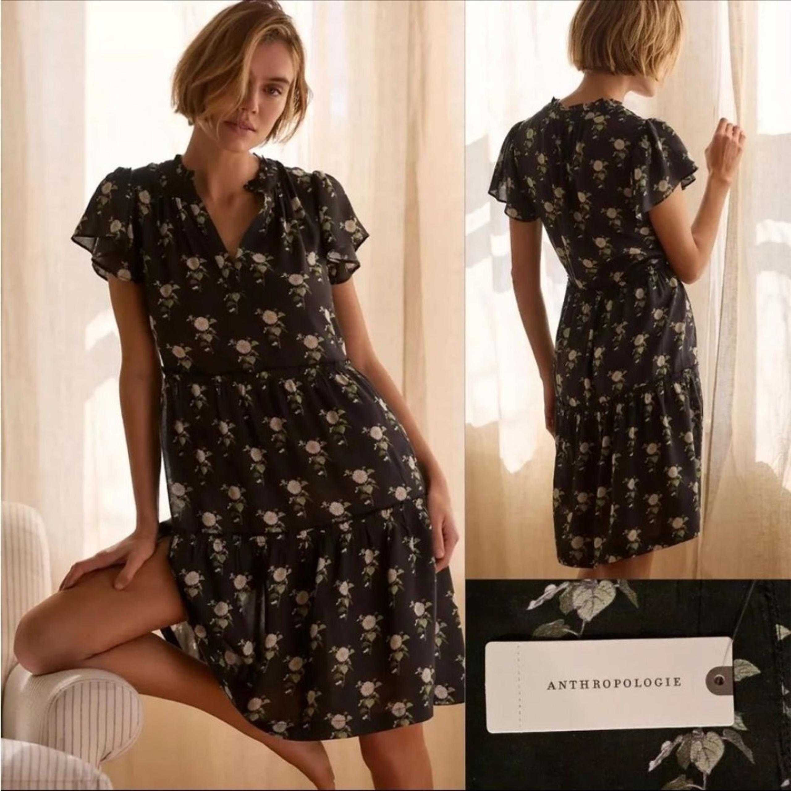 By Anthropologie Ruffle Sleeve Dress Black Floral