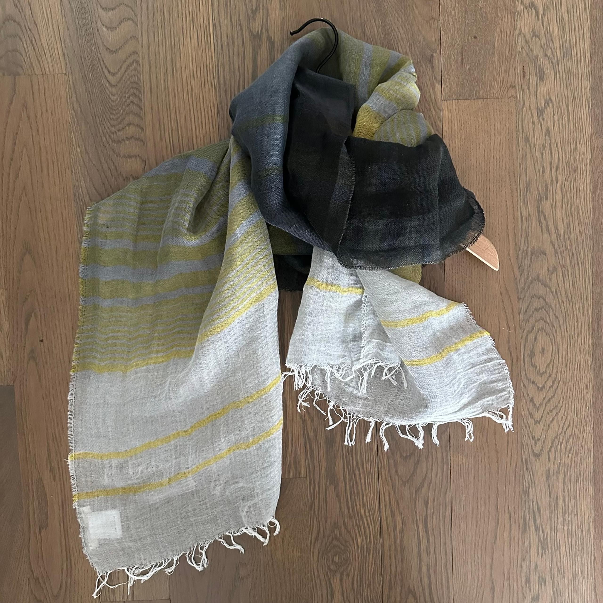 Eileen Fisher Linen/Cotton Blend Striped Oblong Scarf Slate Blue, Yellow, Grey