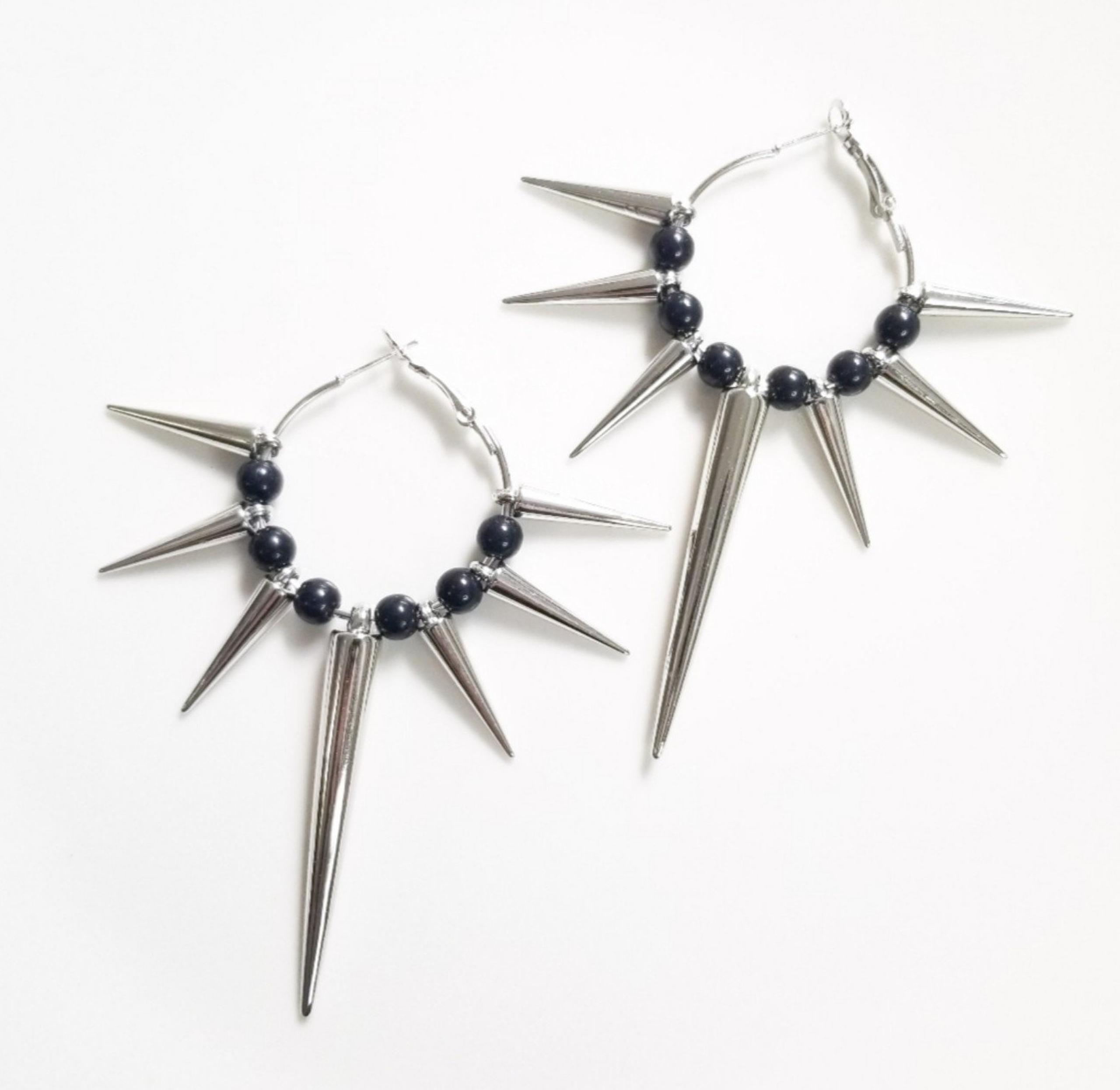 NEW Dolls Kill Punk Goth Style Silver Hoop Earrings w/ Spikes & Black Beads