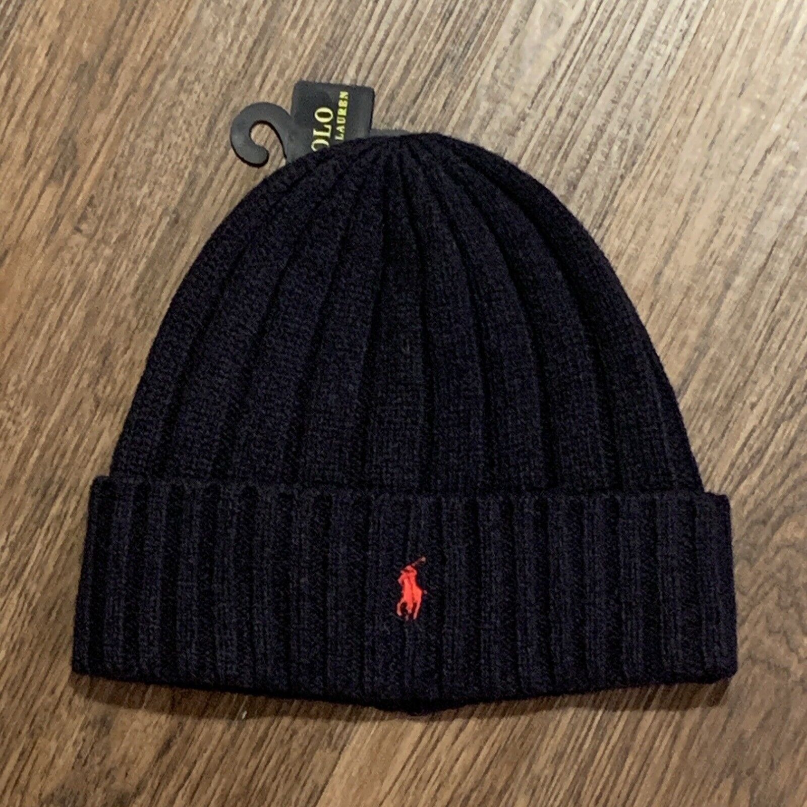 Polo Ralph Lauren Signature Merino Wool Blend Navy Red Pony Cuffed Beanie Cap