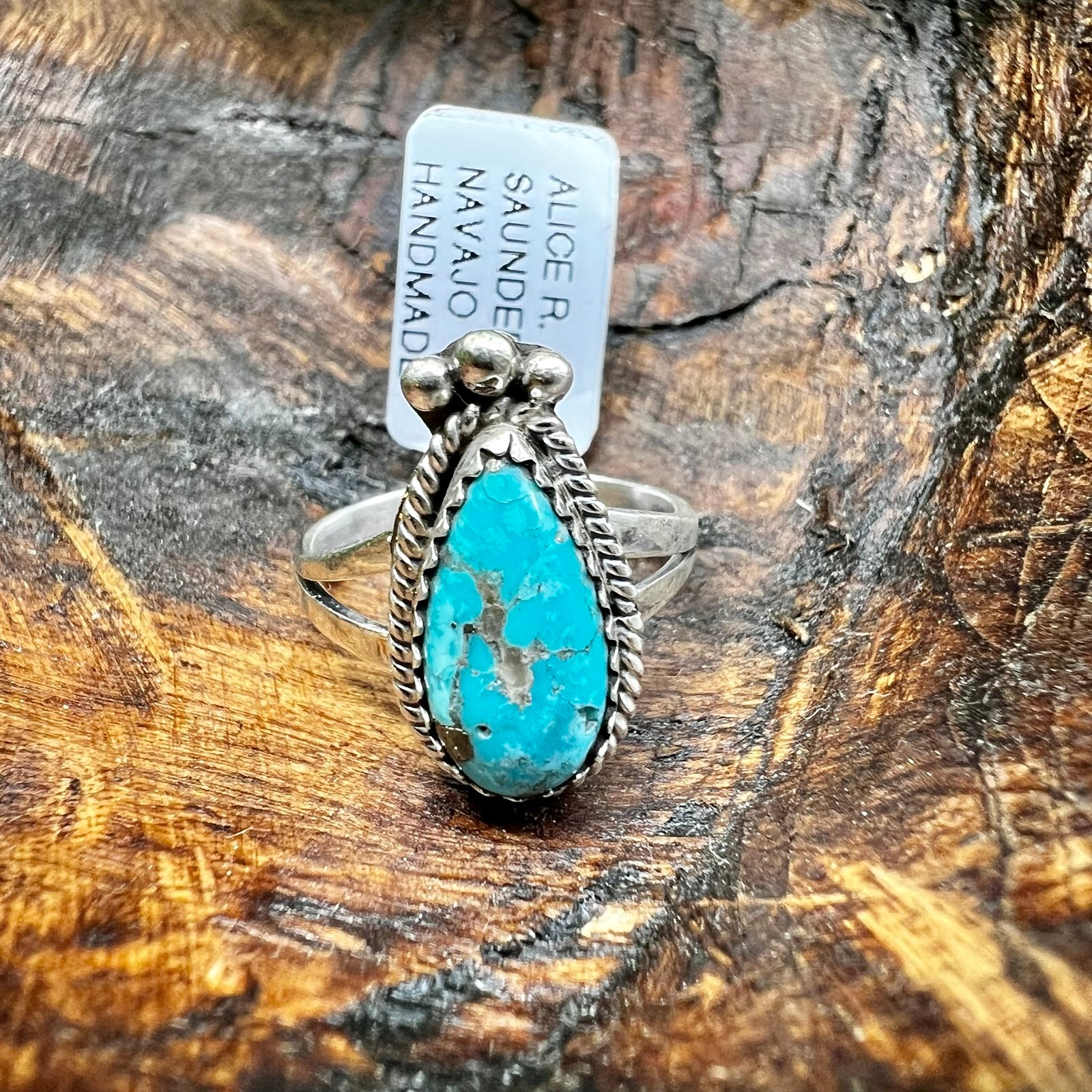 925 Sterling Silver & Turquoise Teardrop Alice R. Saunders Navajo Ring Sz 6