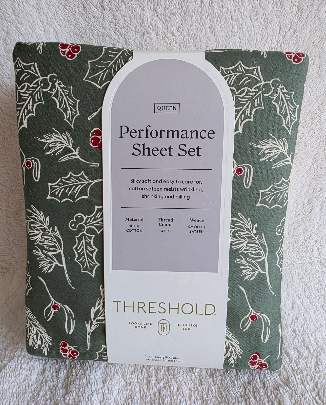 NWT Threshold Queen 400 Thread Count Performance Holiday Sheet Set Green Holly