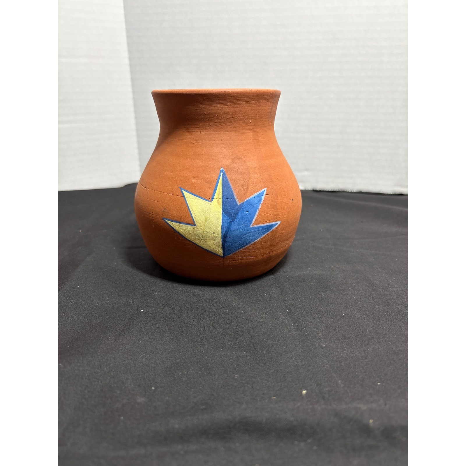 Southwestern Style Clay Pottery Vase Hand Painted Blue Yellow Desert Decor