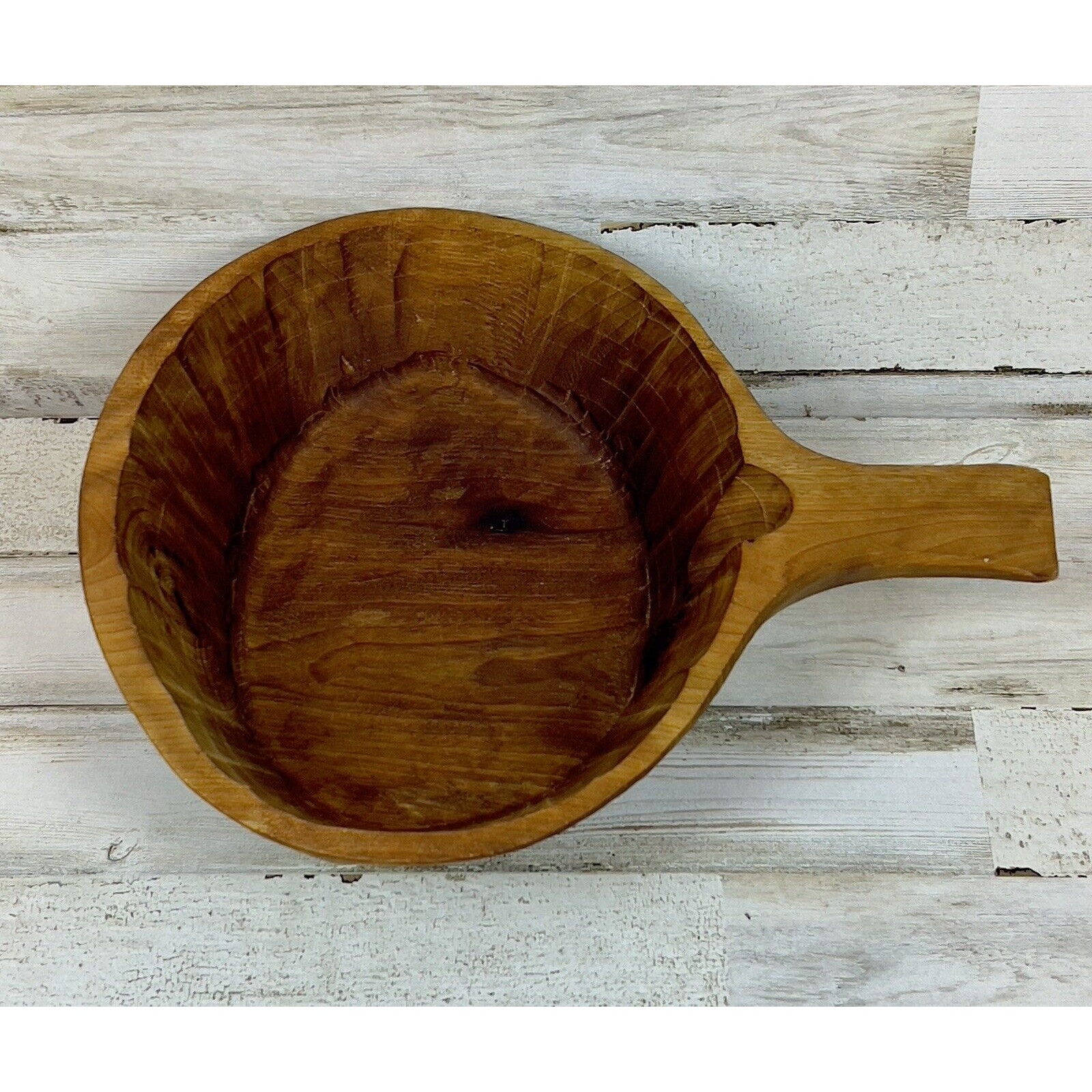 Primitive Hand Carved Wood Bowl Vintage Scoop Ladle With Handle And Thumb Hold