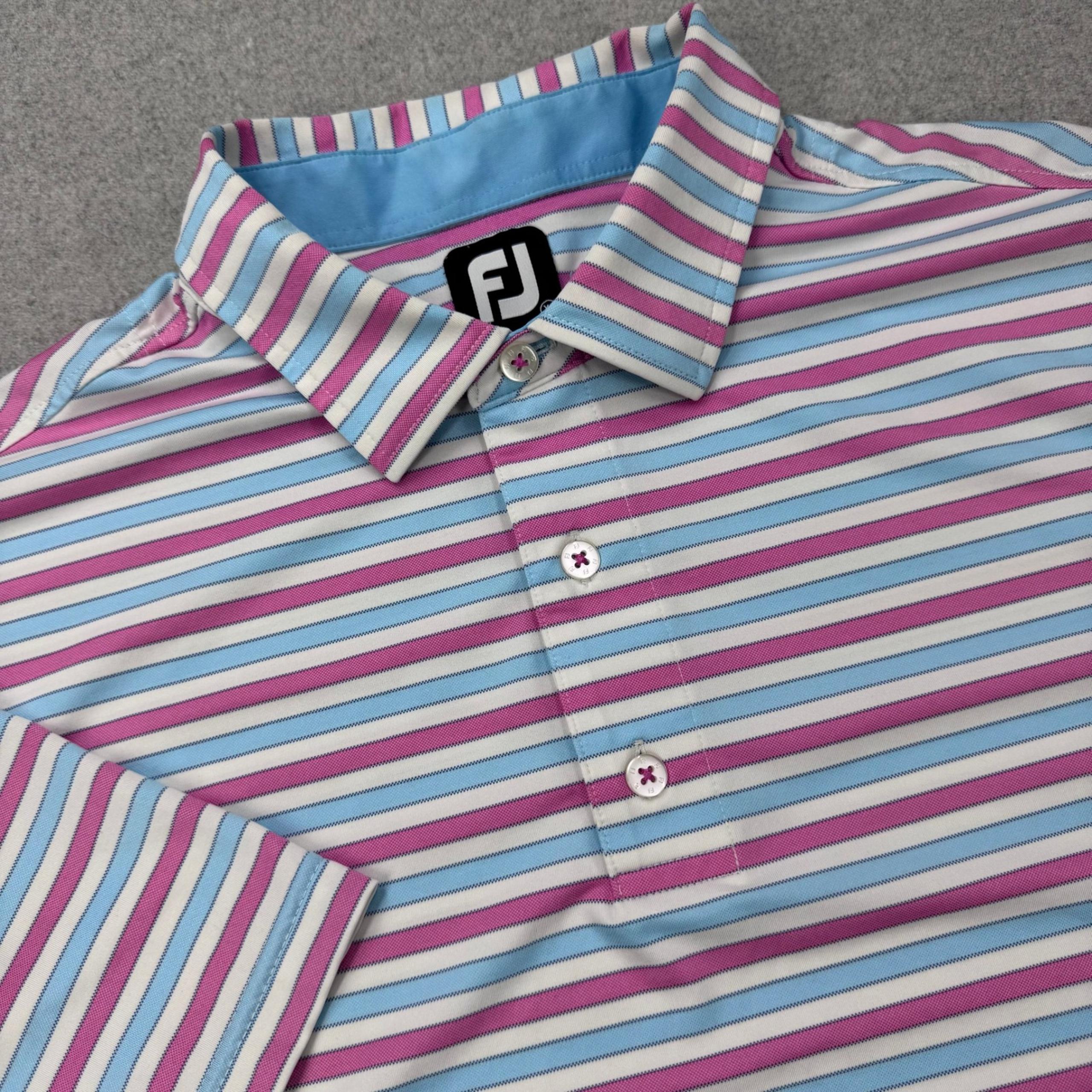 FootJoy Golf Polo Shirt Mens XL Blue Pink Striped Performance Stretch Club Emb.
