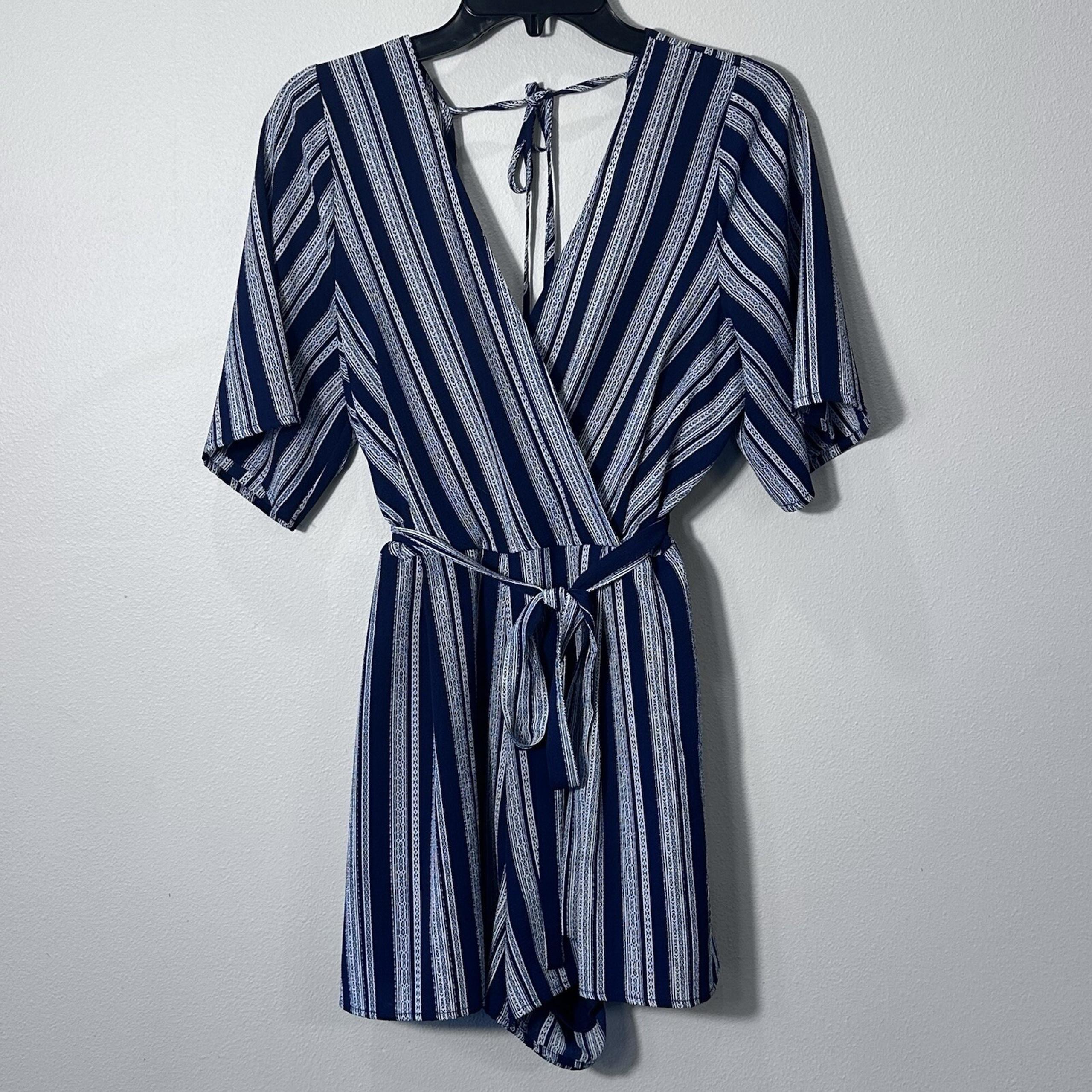Altar'd State Navy White Striped Kailor Faux Wrap Tie Waist Flowy Romper Resort