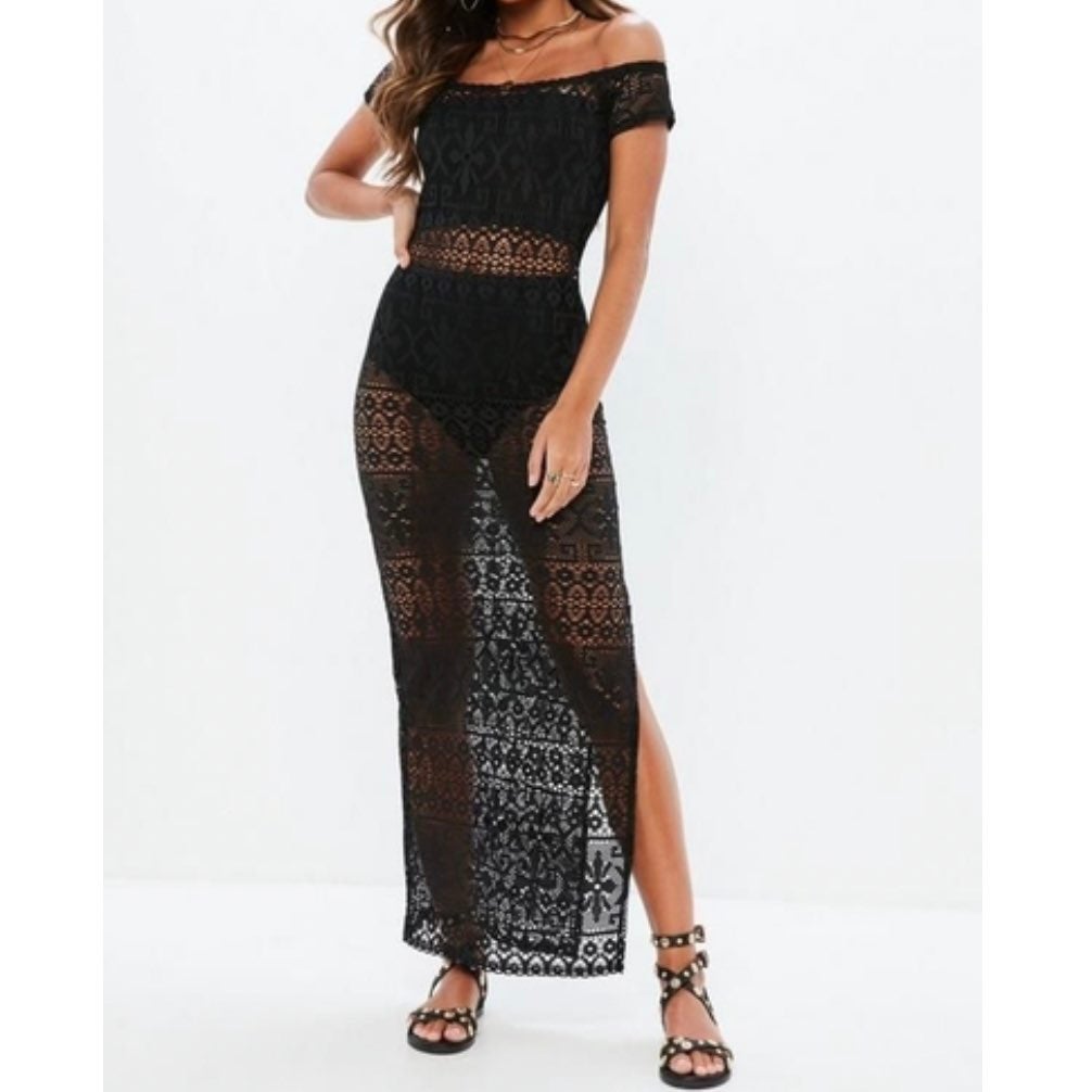 Missguided Black Crochet Bardot Maxi Dress Cover Up