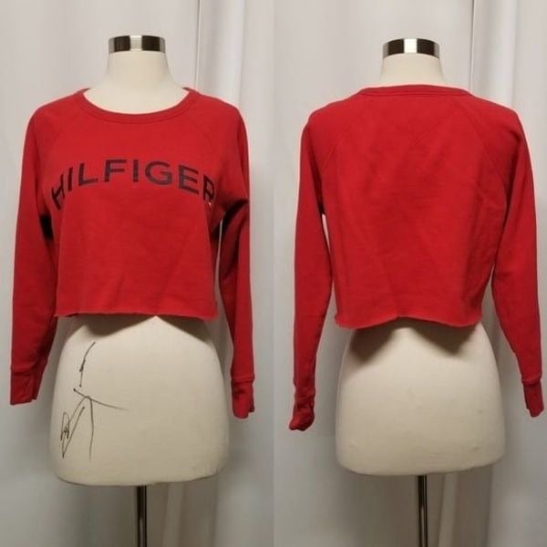 Vintage 90s y2k Tommy Hilfiger Sport Red Spellout Cropped Crewneck Sweatshirt Sm