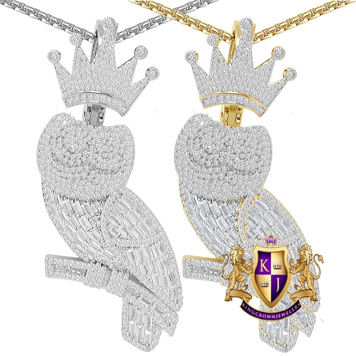 47+ Grams XL 3'' Midnight Owl Crown Face 14K Gold Over Charm Pendant Chain Set
